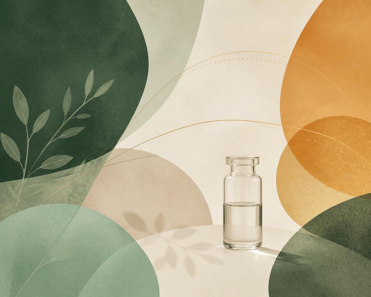 Soft abstract illustration in evergreen, mint and amber with a plain glass medication vial