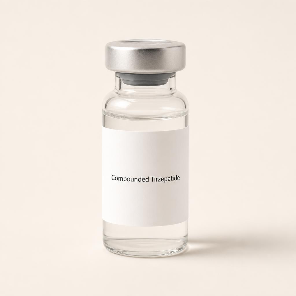 Unbranded clear glass vial labeled Compounded Tirzepatide on a warm off-white background